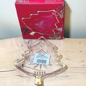 Vtg Mikasa Christmas Tree Yuletide Glass Sweet Dish Gold Trim Candy Tray Japan